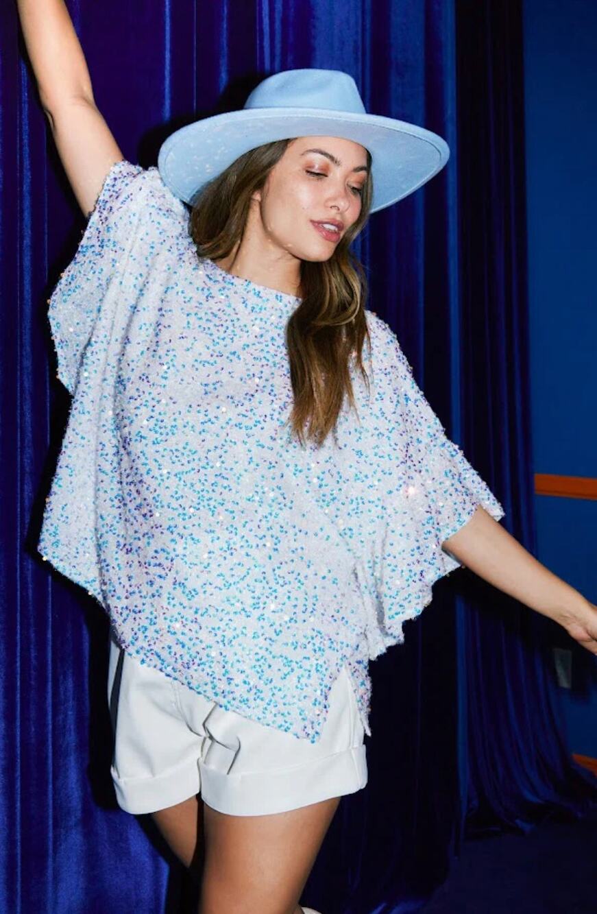 Fantastic Fawn Pop The Bubbly Sequin Top Blue White Small